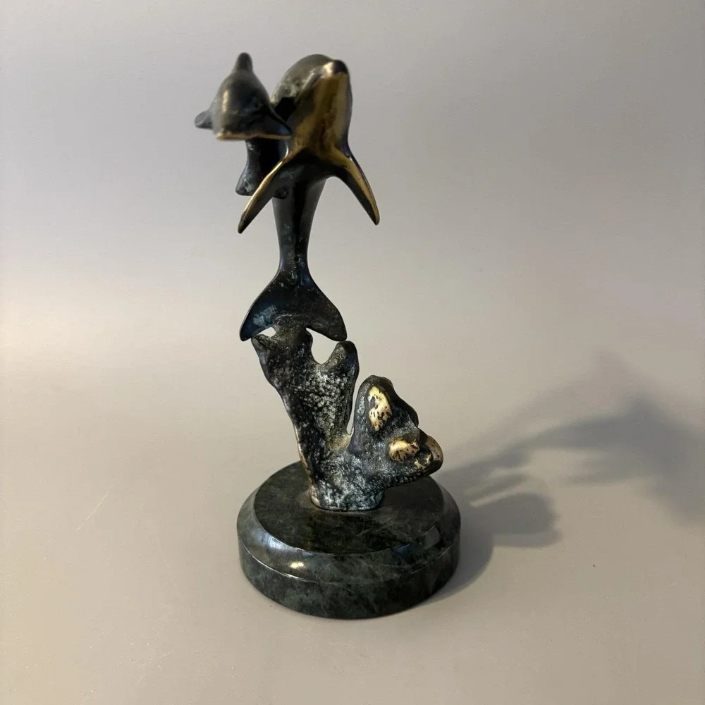 Vintage Verdigris Brass Dolphins Statue Verdigris Marble Base 6